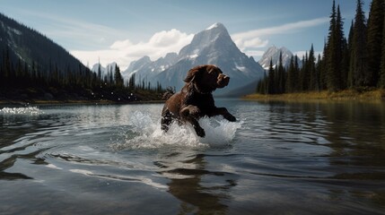 A chocolate brown retriever leaping into a crystal-clear lake, with a mountain range in the distance. Generative AI
