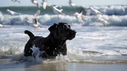 A black Lab happily swimming in the ocean, with waves crashing around it and seagulls flying overhead. Generative AI