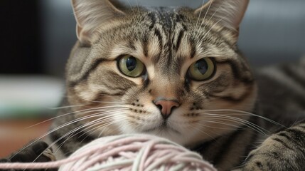 A tabby cat tangled up in a ball of yarn, looking frustrated. Generative AI