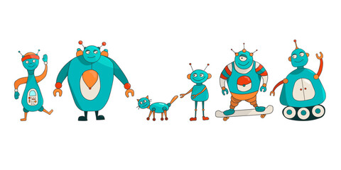 A set of bright robots in cartoon style. Isolated vector image.