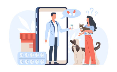 Girl uses online vet services and talks to veterinarian about treating her dog. Huge smartphone with doctor on screen. Domestic animals clinic. Vector cartoon flat isolated medical concept