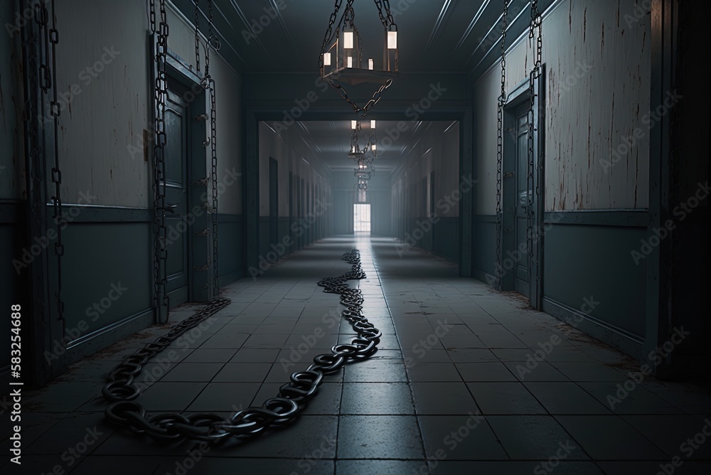 Poster conjure up an image of a dark, chained-off hallway generative ai