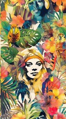 Female Faces on a Vibrant Jungle Wallpaper Background. Generative AI.