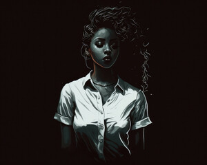 A single black woman her white shirt standing out a the darkness of night looks onward with a calm but powerful demeanor.. AI generation.
