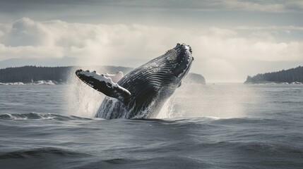 A majestic humpback whale breaching the surface of the water Generative AI