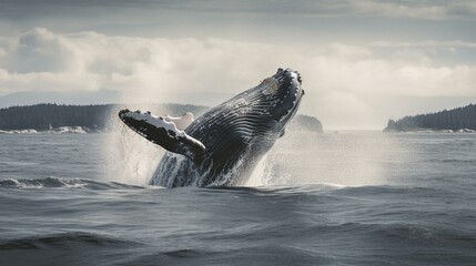 Fototapeta premium A majestic humpback whale breaching the surface of the water Generative AI