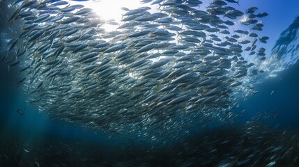 Fototapeta na wymiar A school of shimmering sardines moving in unison Generative AI