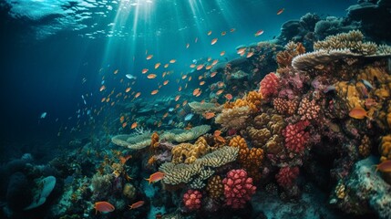 A school of colorful fish swimming around a coral reef Generative AI