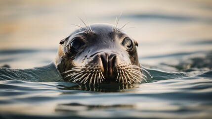 Fototapeta premium A curious seal peeking out of the water Generative AI
