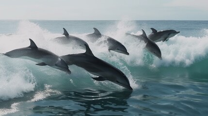 Fototapeta premium A group of playful dolphins jumping and playing in the waves Generative AI