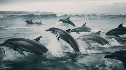 Fototapeta premium A group of playful dolphins jumping and playing in the waves Generative AI