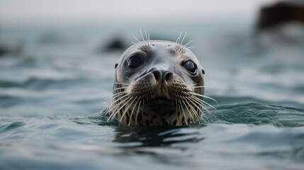Fototapeta premium A curious seal peeking out of the water Generative AI