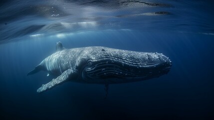 Obraz premium A majestic blue whale slowly swimming through the ocean Generative AI