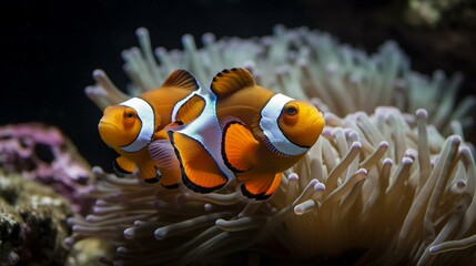 A pair of clownfish swimming in and out of an anemone Generative AI