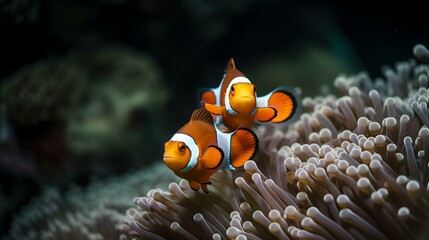 Naklejka na ściany i meble A pair of clownfish swimming in and out of an anemone Generative AI