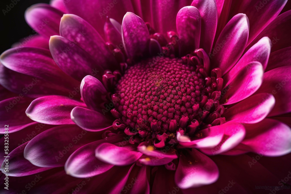 Poster a vivid macro shot of a magenta flower with its intricate petals and vibrant center illuminated. tre