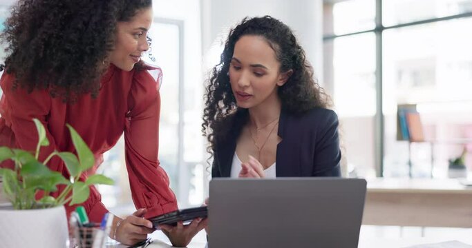 Teamwork, tablet and business women in office helping coworker with project. Coaching laptop, collaboration and intern in training talking to mentor with touchscreen technology in company workplace.