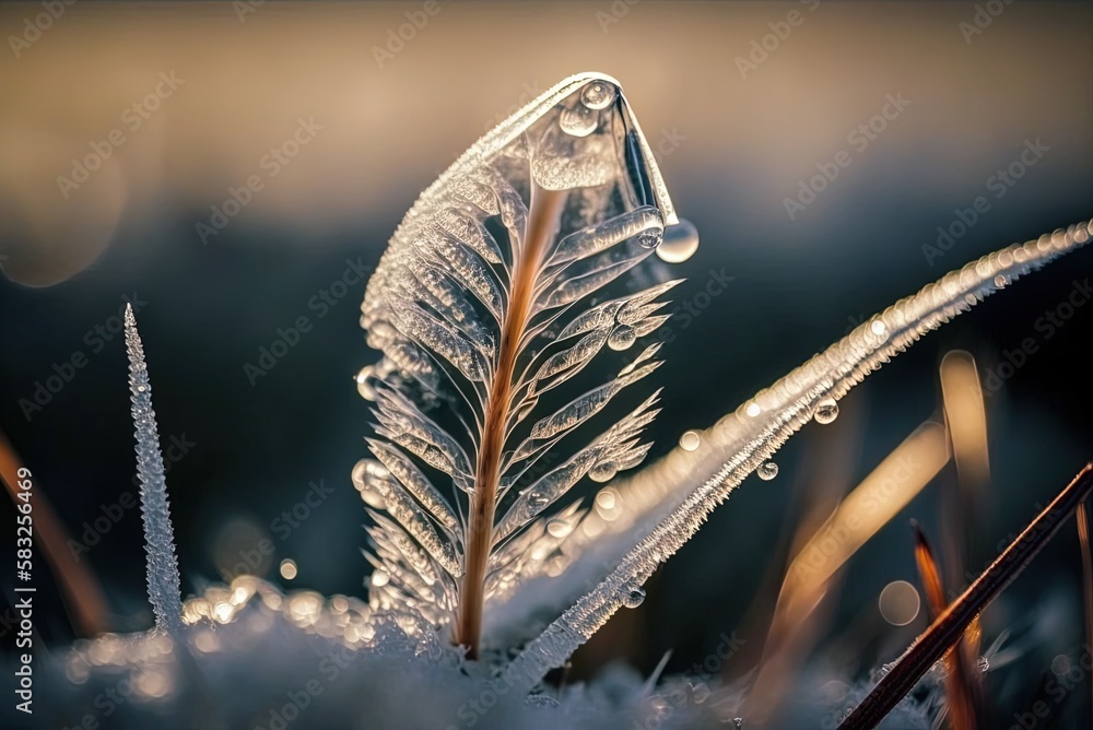 Poster wintertime macro image of ice crystals on a blade of grass generative ai