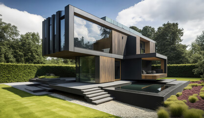 Fototapeta na wymiar Wood, metal and glass. Ultra-modern minimalistic style home design. Generative AI