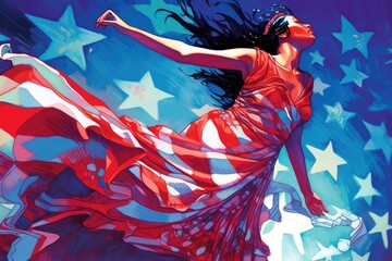 Beautiful Woman Is Dancing With American Flag In Long Dress