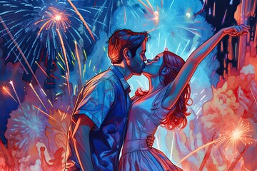 Couple In Love Kiss At Night Under Fireworks, Celebration in America USA