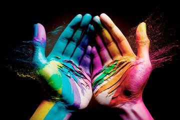 Hands painted in multicolored paint imitating the rainbow colors symbolizing support for inclusivity, acceptance, and equality within LGBTQ+ community. Colorful hands, LGBT pride. Generative AI.