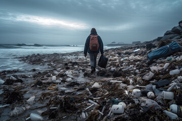 Fototapeta premium Generative Illustration AI of a person walking on a beach contaminated by plastic and waste of all kinds. Problematic about global warming and the plastics and garbage that pollute the planet