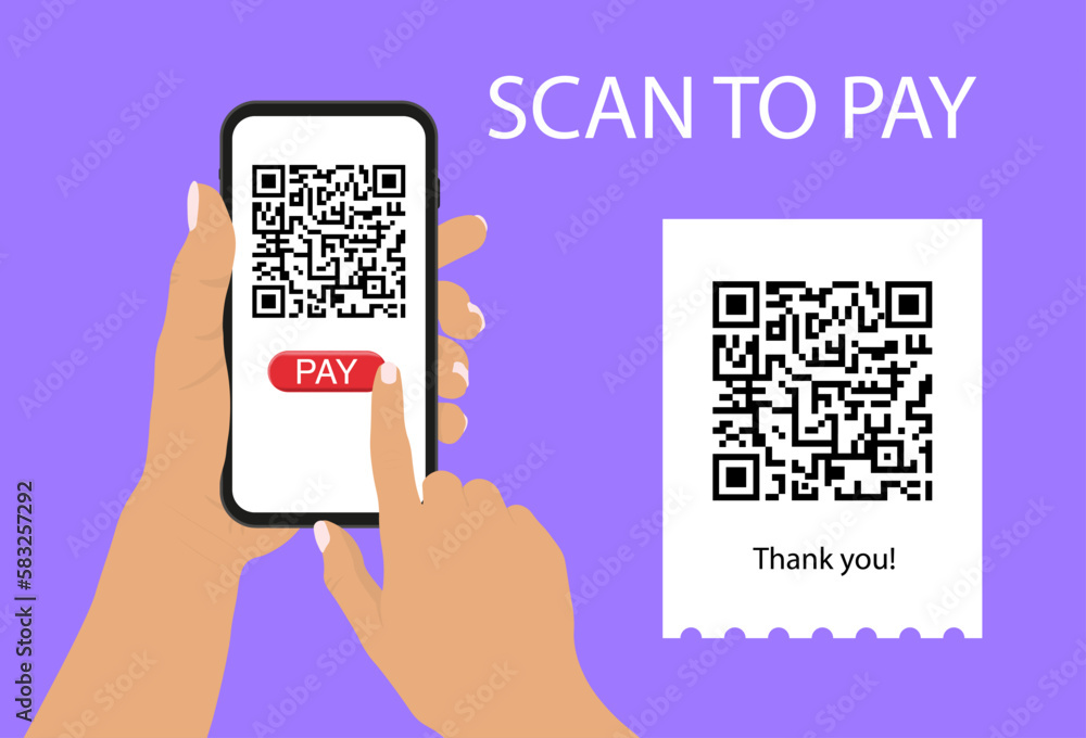 Poster scan qr code to phone. mobile barcode reader, scanner in hand with pay receipt. electronic digital p