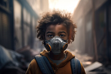 Generative Illustration AI of a boy with a gas mask in a city with polluted air. Problematic about global warming and the plastics and garbage that pollute the planet