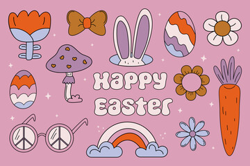 Big set of trendy retro cartoon style. Groovy Easter. Vector hand drawn illustration. Hippie clip art. Flowers, mushrooms, rainbow, sunglasses, carrots, easter eggs, bunny ears in 60s 70s style.