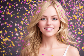 Obraz na płótnie Canvas a beautiful girl smiles and looks directly into the camera, colorful confetti fall around her face, Generative AI