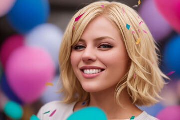 Naklejka premium a beautiful girl smiles and looks directly into the camera, colorful confetti fall around her face, Generative AI