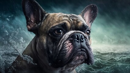 French Bulldog surrounded by Ocean waves. Generative AI.