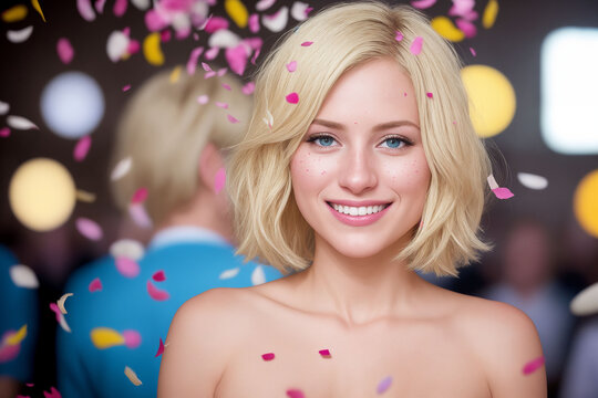 a beautiful girl smiles and looks directly into the camera, colorful confetti fall around her face, Generative AI