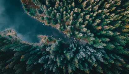 Aerial shot of lake in winter