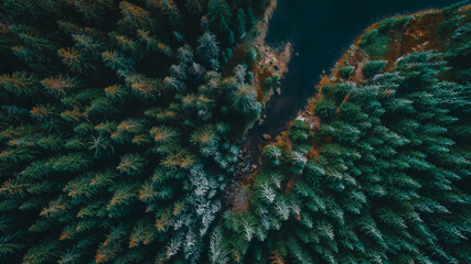 Aerial shot of lake in winter