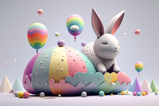 fantasy abstarct design amazing 3d Easter bunny and ornated painted rainbow colourd egg on white background. Happy Easter magical,generative ai.