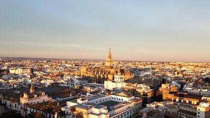 Fototapeta na wymiar Sevilla, Spain – Sunset + City + Cathedral (drone photo)