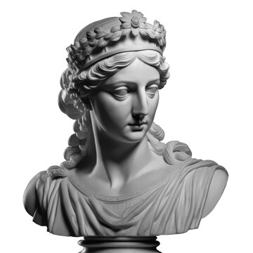 White marble head of young woman. Isolated, no background. Copy space, close up. History and art concept. Generative AI, no real statues or people referenced