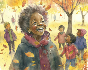 A 50 year old African American woman wearing a colorful autumn scarf and a warm smile gathering fallen leaves in a park surrounded. AI generation.