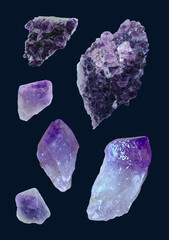 set of various natural crystals of Amethyst