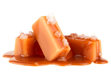 Delicious candies with caramel sauce and sea salt isolated on a white background - obrazy, fototapety, plakaty