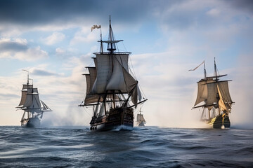 Fototapeta premium Galleons engaged in a fierce naval battle on the open sea during the 17th century. Generative Ai.