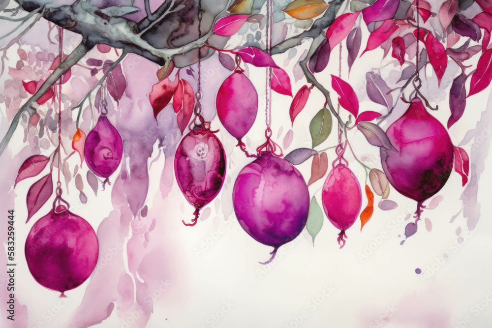 Poster a display of magenta ornaments hanging from a white branch. trendy color of 2023 viva magenta.. ai g