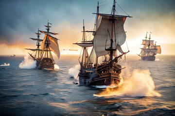 Galleons engaged in a fierce naval battle on the open sea during the 17th century. Generative Ai. - obrazy, fototapety, plakaty