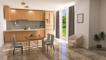 Kitchen dining room 3d render, 3d illustration