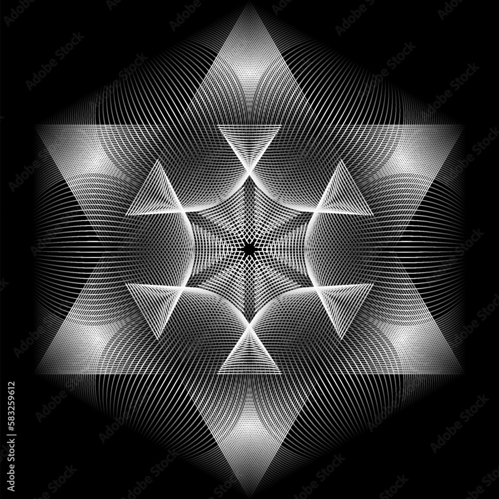 Poster guilloche hexagonal black and white gradient pattern of many blending thin lines. optical art backgr