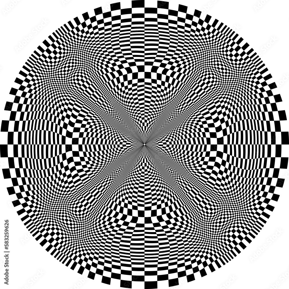 Poster optical art circle of distorted checkered pattern. psychedelic round background design.