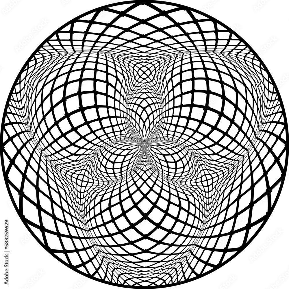 Poster optical art patterned black circle of distorted square cells. psychedelic circular background design
