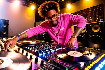Obraz na płótnie Canvas Professional african american DJ in headphones with sound mixer in nightclub. Generative ai.